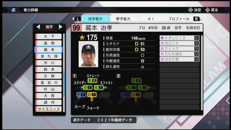 【プロスピ2021選手能力 / NPB PLAYER′S DATE】ヤクルト 99 蔵本治孝選手 SWALLOWS Harutaka Kuramoto