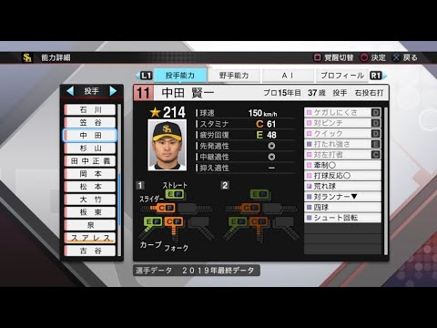 【プロスピ2019選手能力 / NPB PLAYER'S DATE】ソフトバンク 11 中田賢一選手 HAWKS KENICHI NAKATA