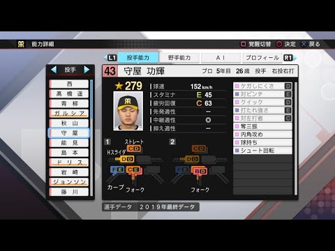 【プロスピ2019選手能力 / NPB PLAYER'S DATE】阪神 43 守屋功輝選手 TIGERS KOKI MORIYA