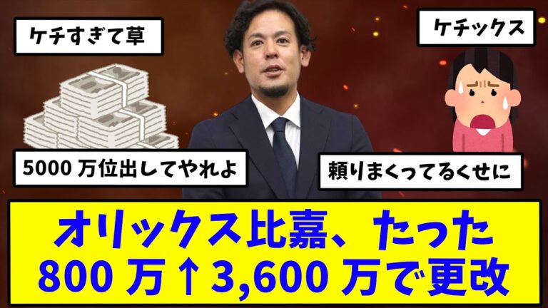 【2ch反応集】オリックス比嘉さん、たった800万アップの年俸3600万で契約更改…【バファローズ】