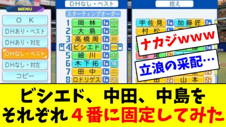 中日のビシエド、中田、中島をそれぞれ４番ファーストに固定してオーペナで成績を比較してみた