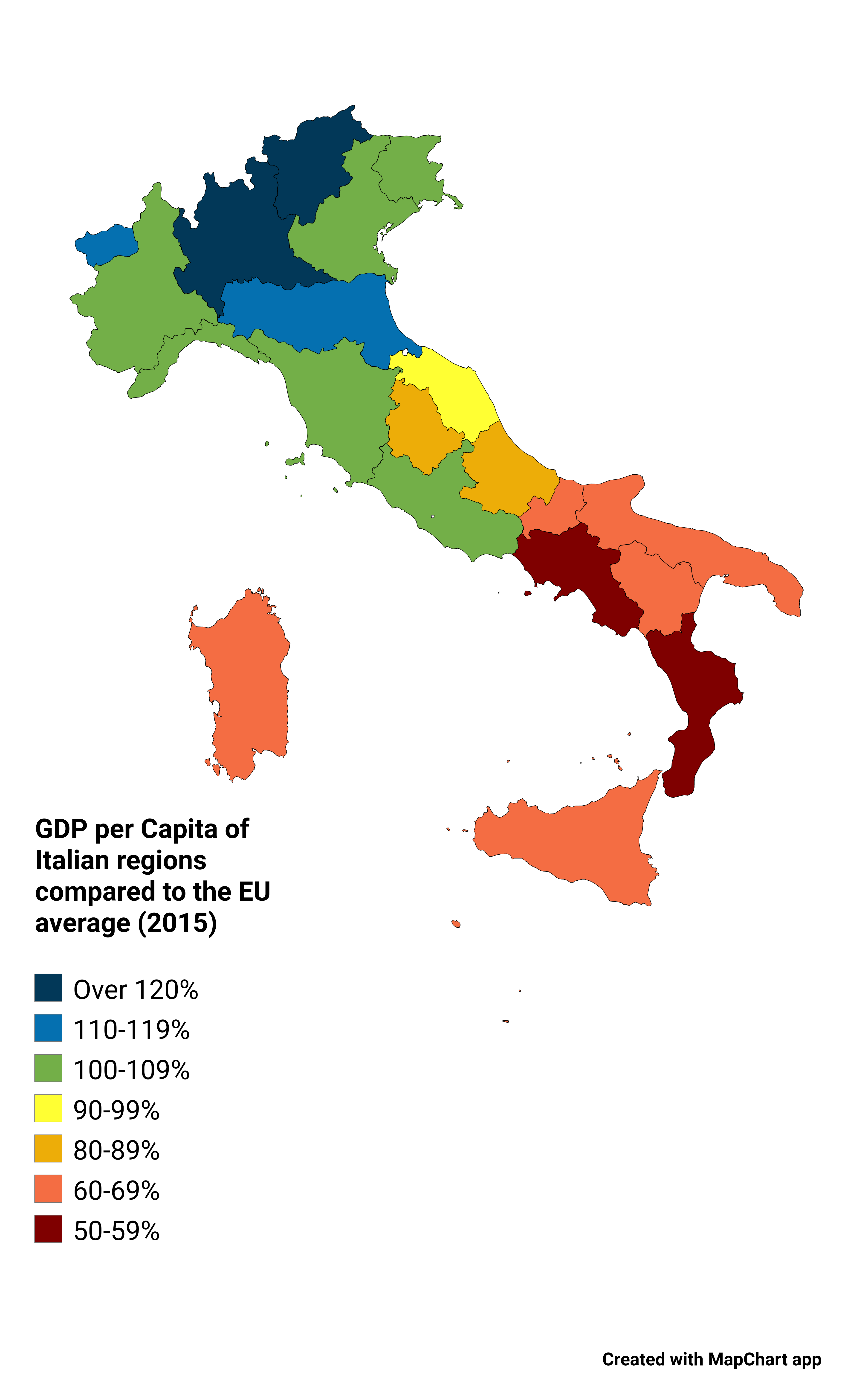 EU平均と比較したイタリアの地域の一人当たりGDP。 私が作った。 出典：ユーロスタット（2015）。 News WACOCA