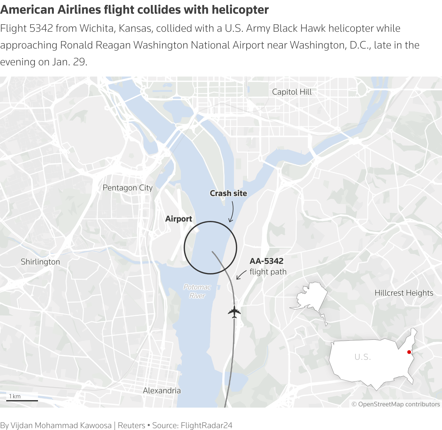 Map shows the flight path of American Airlines flight 5342 and its crash site near Ronald Reagan Washington National Airport near Washington, D.C.